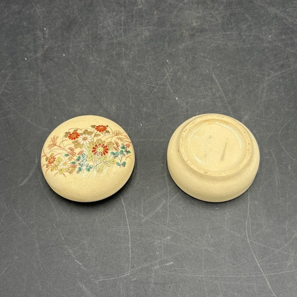 Vintage Satsuma Porcelain Hand Painted Florals Gold Round Trinket Dish 2